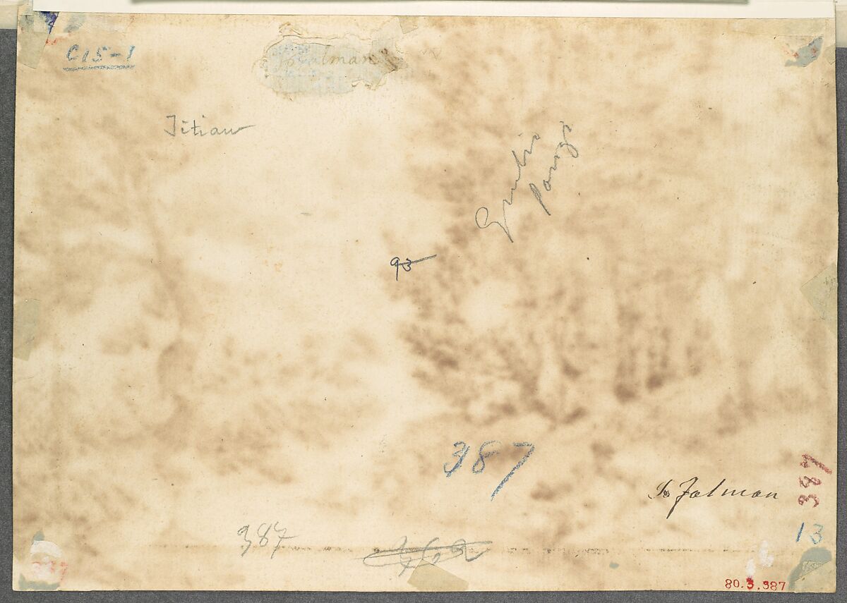 Landscape with Figure Reclining and Figure Fishing, Anonymous, Italian, Roman-Bolognese, 17th century, Pen and brown ink,  over black chalk on light tan paper. Fragments of ruled framing outlines in brown ink along left edge