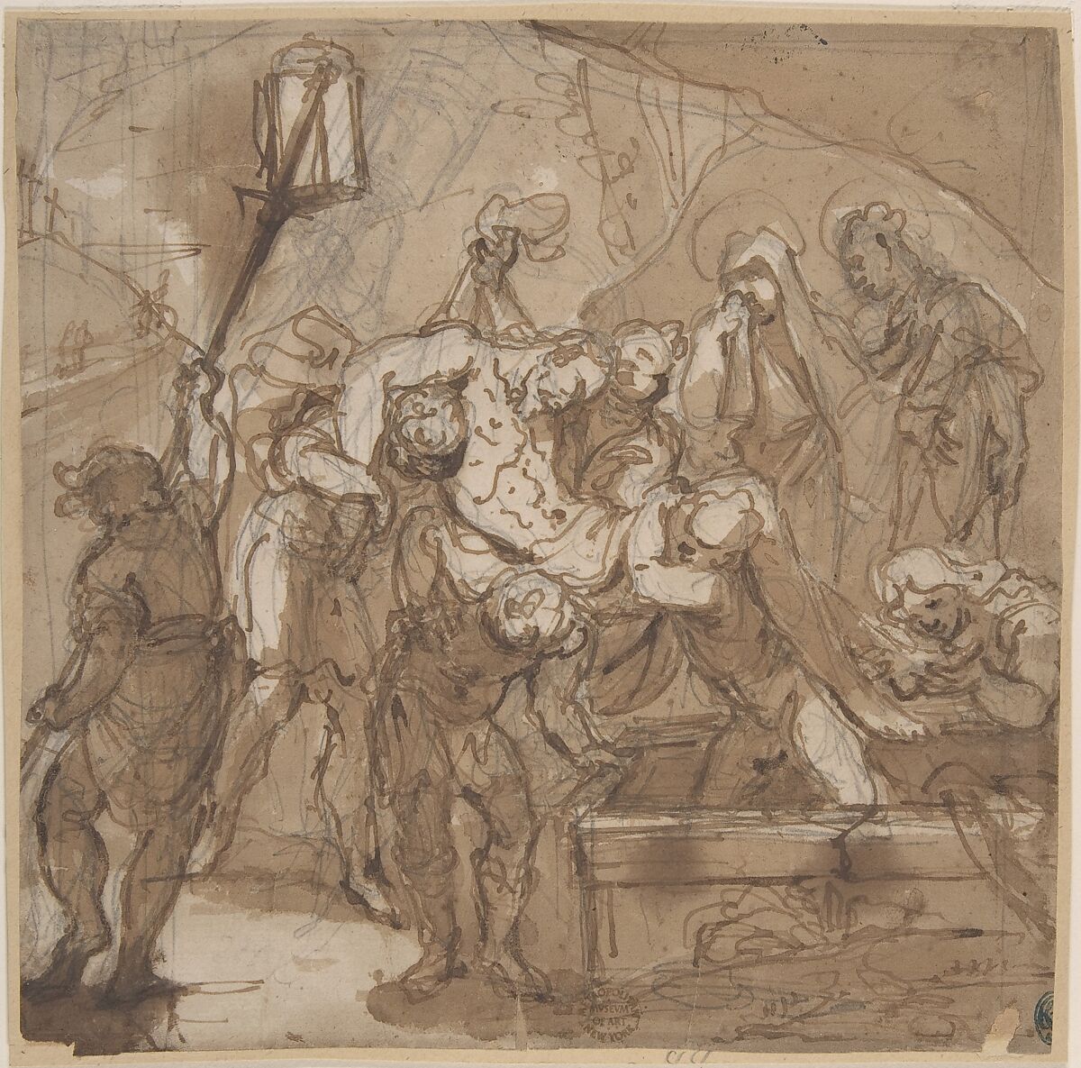 Entombment of Christ, Anonymous, Italian, Roman-Bolognese, 17th century, Pen and brown ink, brush and brown wash over black chalk? on cream paper 