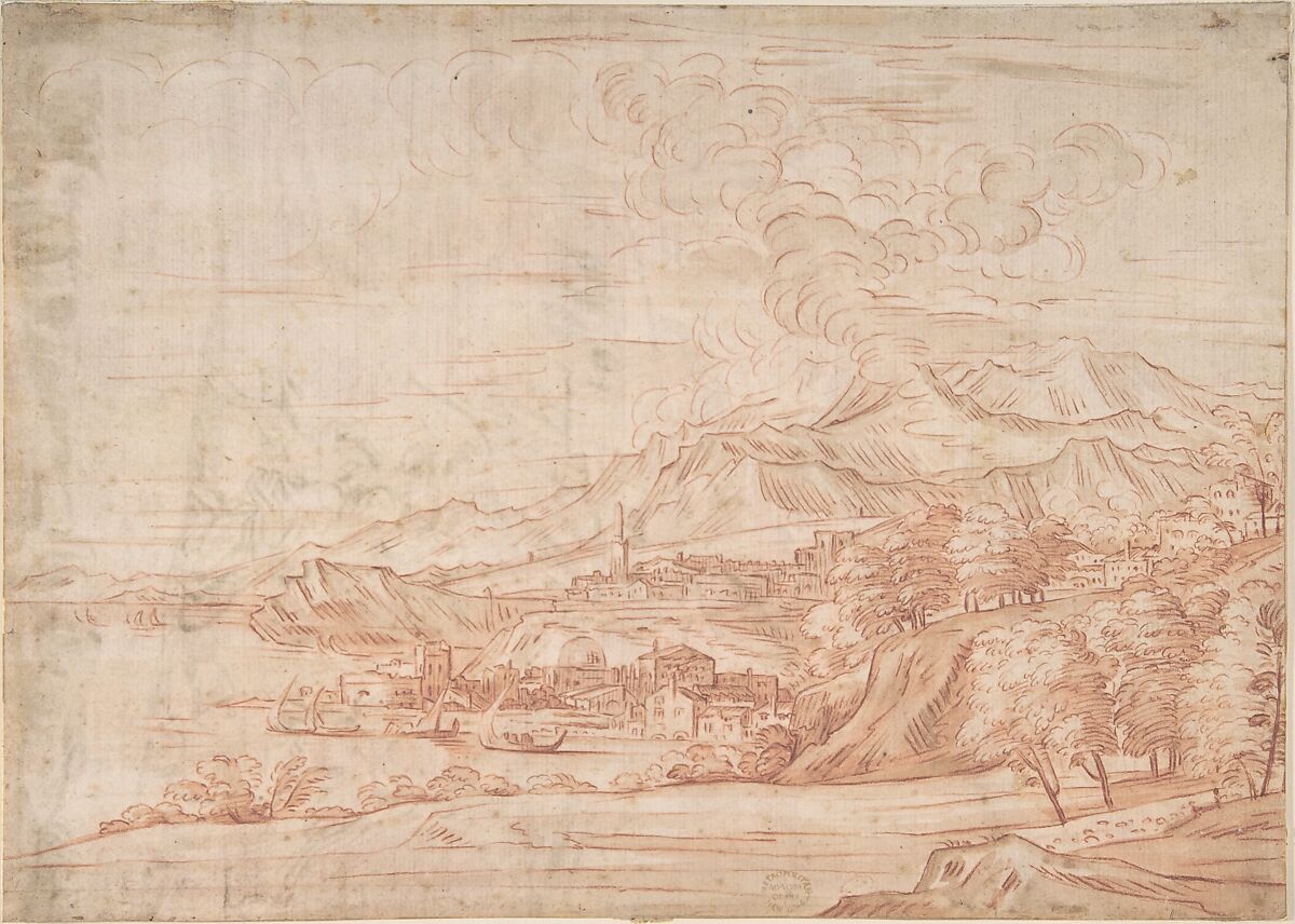 Landscape, Anonymous, Italian, Roman-Bolognese, 17th century, Red chalk, brush and brown wash on cream paper 