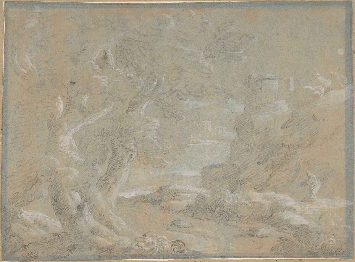 Landscape, Anonymous, Italian, Roman-Bolognese, 17th century, Black chalk, highlighted with white gouache on blue paper, faded to blue-brown 