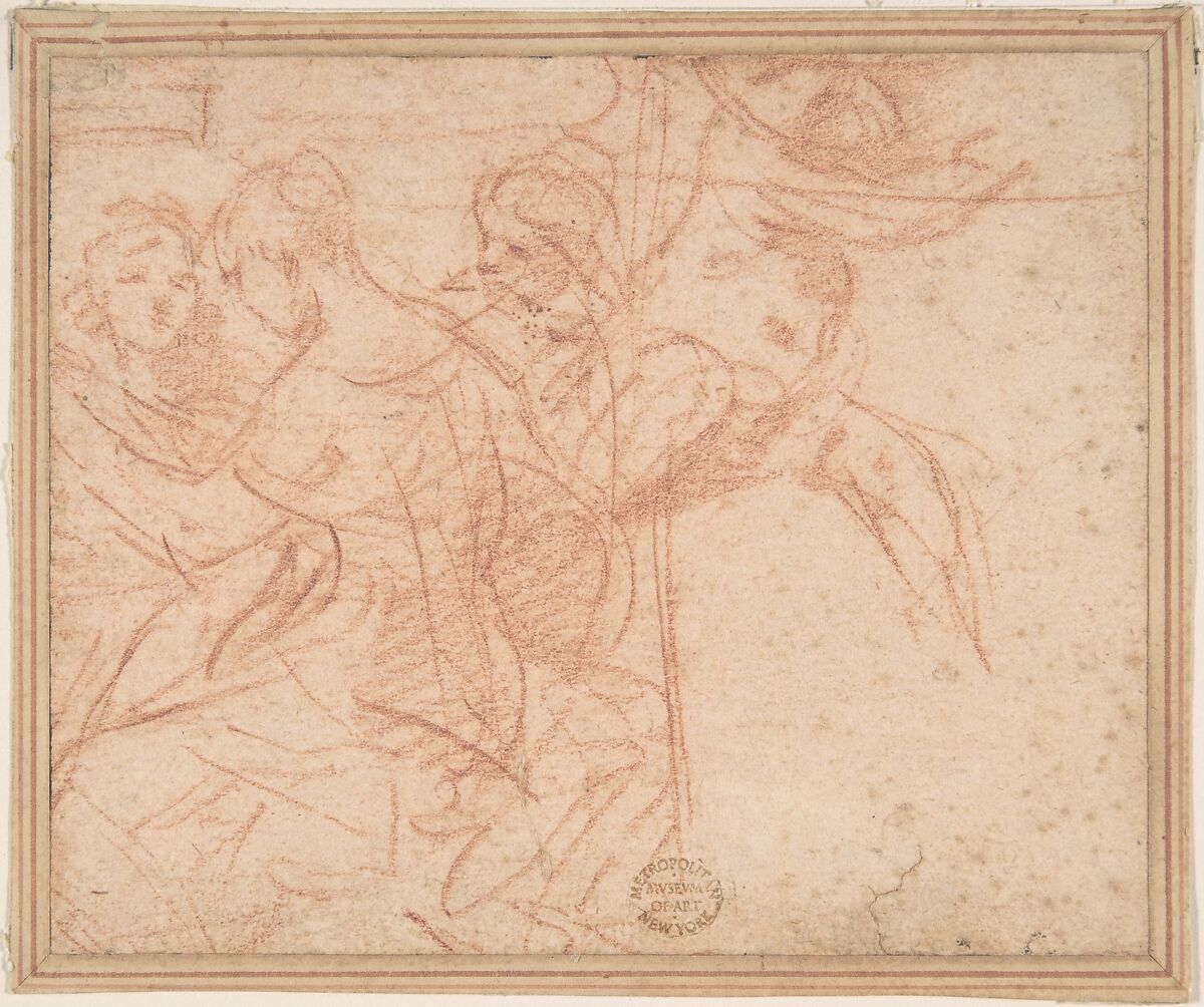 Three Female Figures and Seated Putto, Anonymous, Italian, Roman-Bolognese, 17th century, Red chalk on light tan paper 