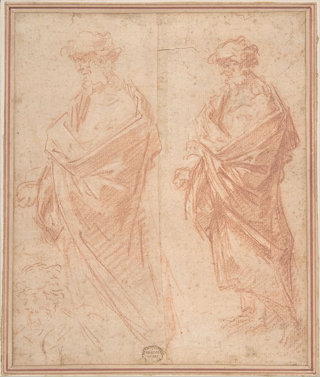 Studies of a Man, Anonymous, Italian, Roman-Bolognese, 17th century, Red chalk, highlighted with white chalk in light tan paper 