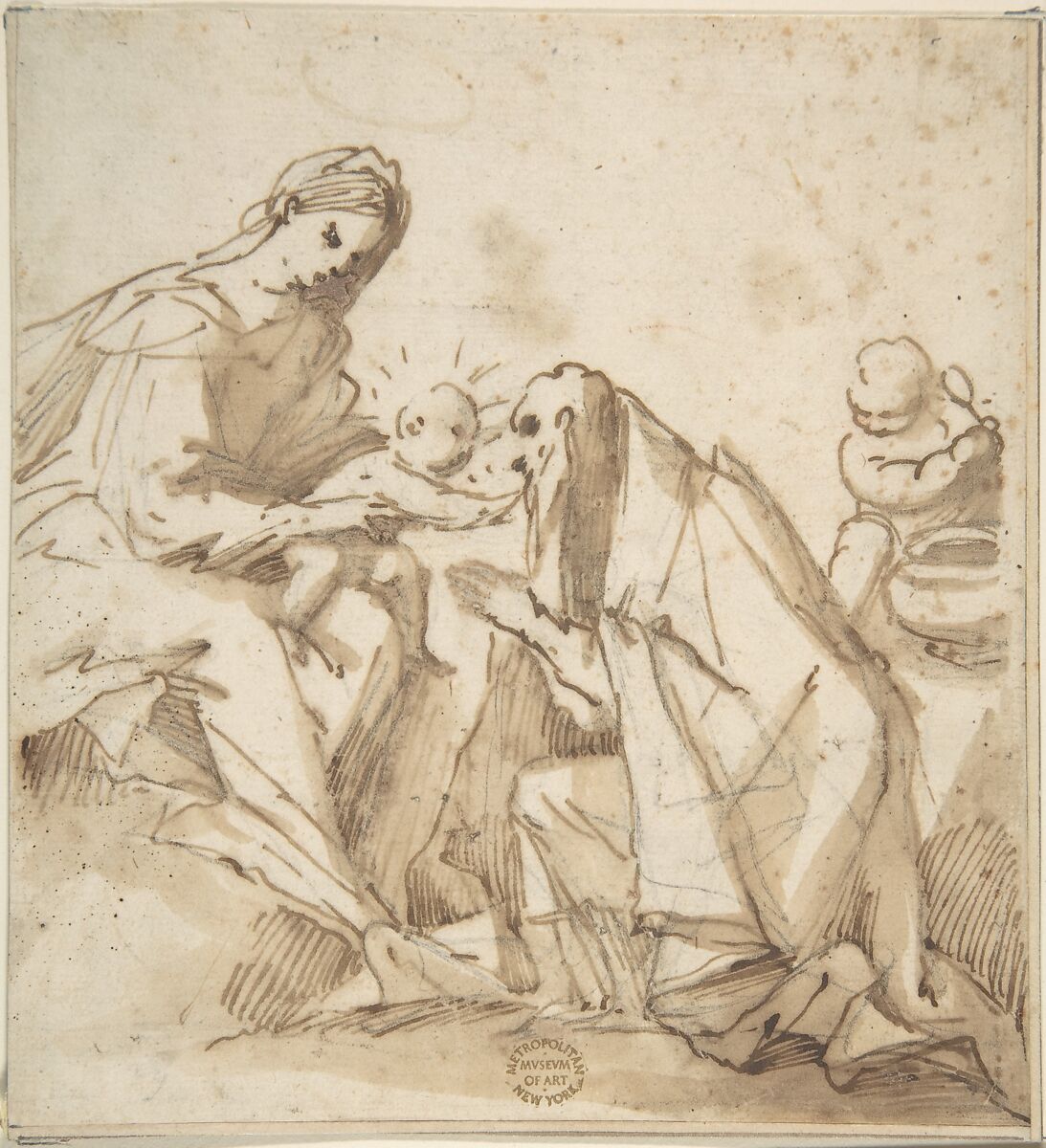 Saint Adoring the Madonna and Child, Anonymous, Italian, Roman-Bolognese, 17th century, Pen and brown ink, brush and brown wash, over charcoal on light tan paper 