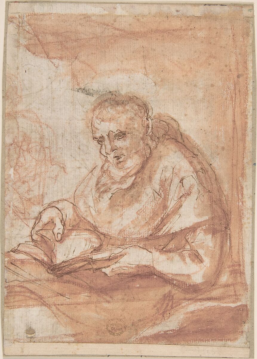 Saint Reading, Anonymous, Italian, Roman-Bolognese, 17th century, Pen and brown ink, red chalk, brush and red wash, on cream paper 