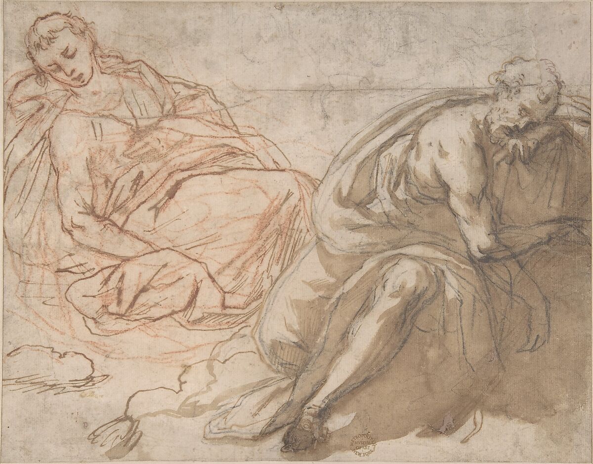 Two Sleeping Figures, Anonymous, Italian, Roman-Bolognese, 17th century, Left figure in pen and brown ink over red chalk; right figure in pen and brown ink, brush and brown wash, charcoal / black chalk?; faint black chalk sketches in background 