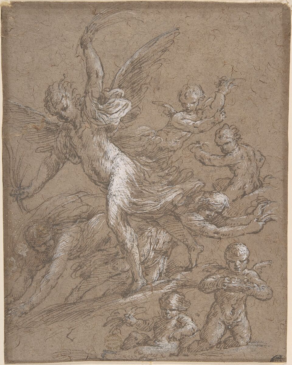 Angels and Putti, Anonymous, Italian, Roman-Bolognese, 17th century, Pen and brown ink over traces of black chalk?, highlighted with white gouache on brown paper 