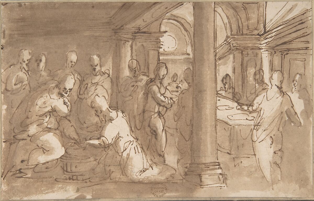 Christ Washing the Feet of the Disciples, Anonymous, Italian, Roman-Bolognese, 17th century, Pen and brown ink, brush and brown wash over charcoal? on cream paper 