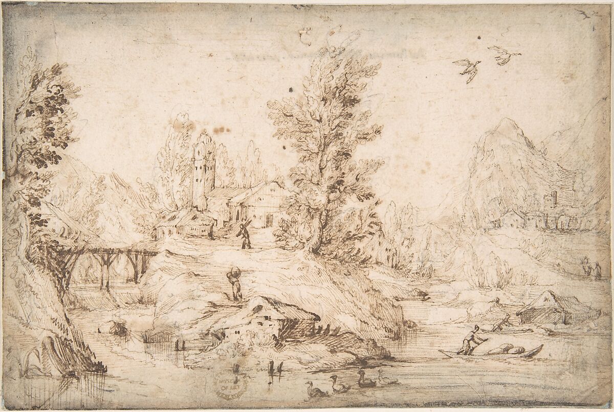 River View with Figures, Anonymous, Italian, Roman-Bolognese, 17th century, Pen and brown ink over black chalk on light tan paper. Fragmentary framing outlines in black chalk? 