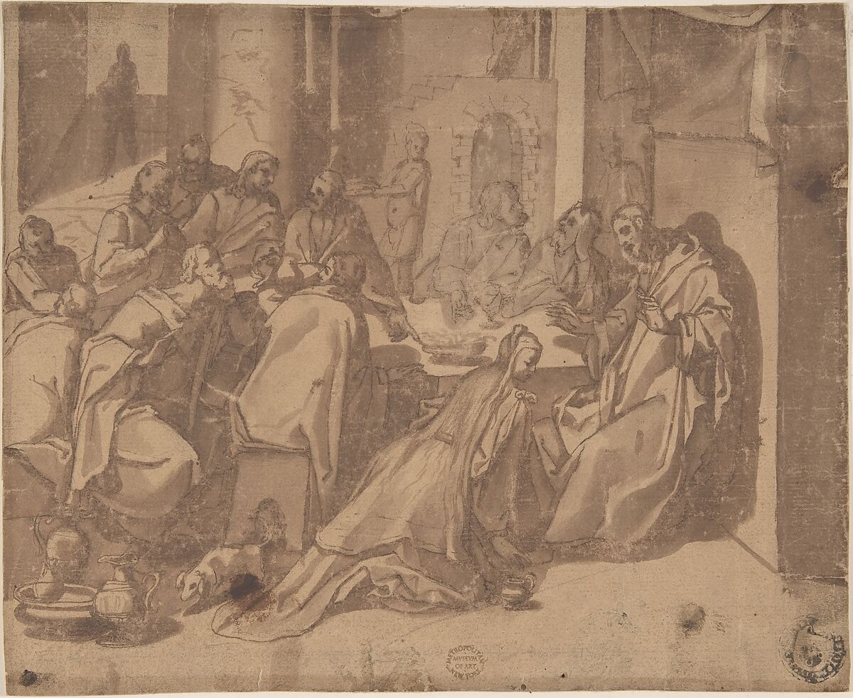 Mary Magdalen Annointing the Feet of Christ, Raffaellino da Reggio (Raffaello Motta) or copy after Italian, Pen and brown ink, brush and brown wash over black chalk on light brown paper
