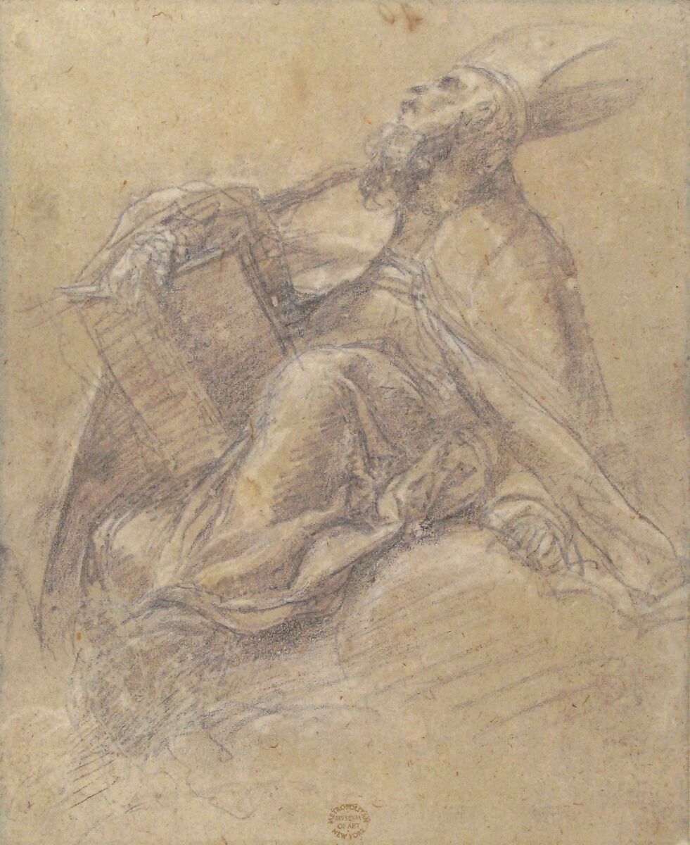 Seated Bishop Holding a Book, Attributed to Jacopo Palma the Younger (Italian, Venice ca. 1548–1628 Venice), Black chalk(?), highlighted with white chalk on blue paper faded to light brown