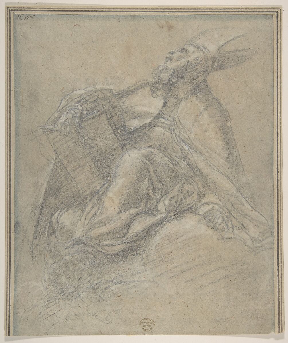 Seated Bishop Holding a Book, Attributed to Jacopo Palma the Younger (Italian, Venice ca. 1548–1628 Venice), Black chalk(?), highlighted with white chalk on blue paper faded to light brown 