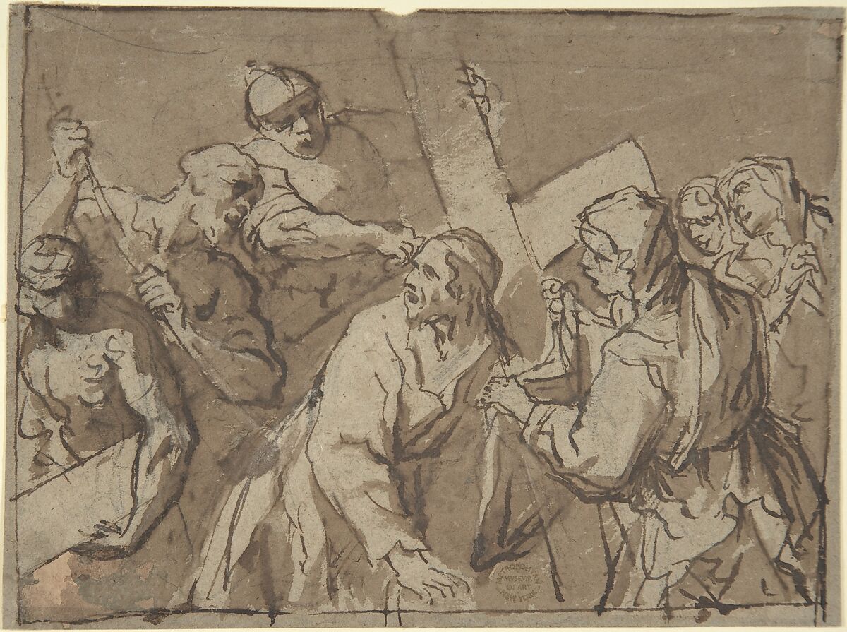Christ Bearing the Cross, Anonymous, Italian, Roman-Bolognese, 17th century, Pen and brown ink, brush and brown wash, over black chalk (?) on brown paper. Framing outlines in pen and brown ink 