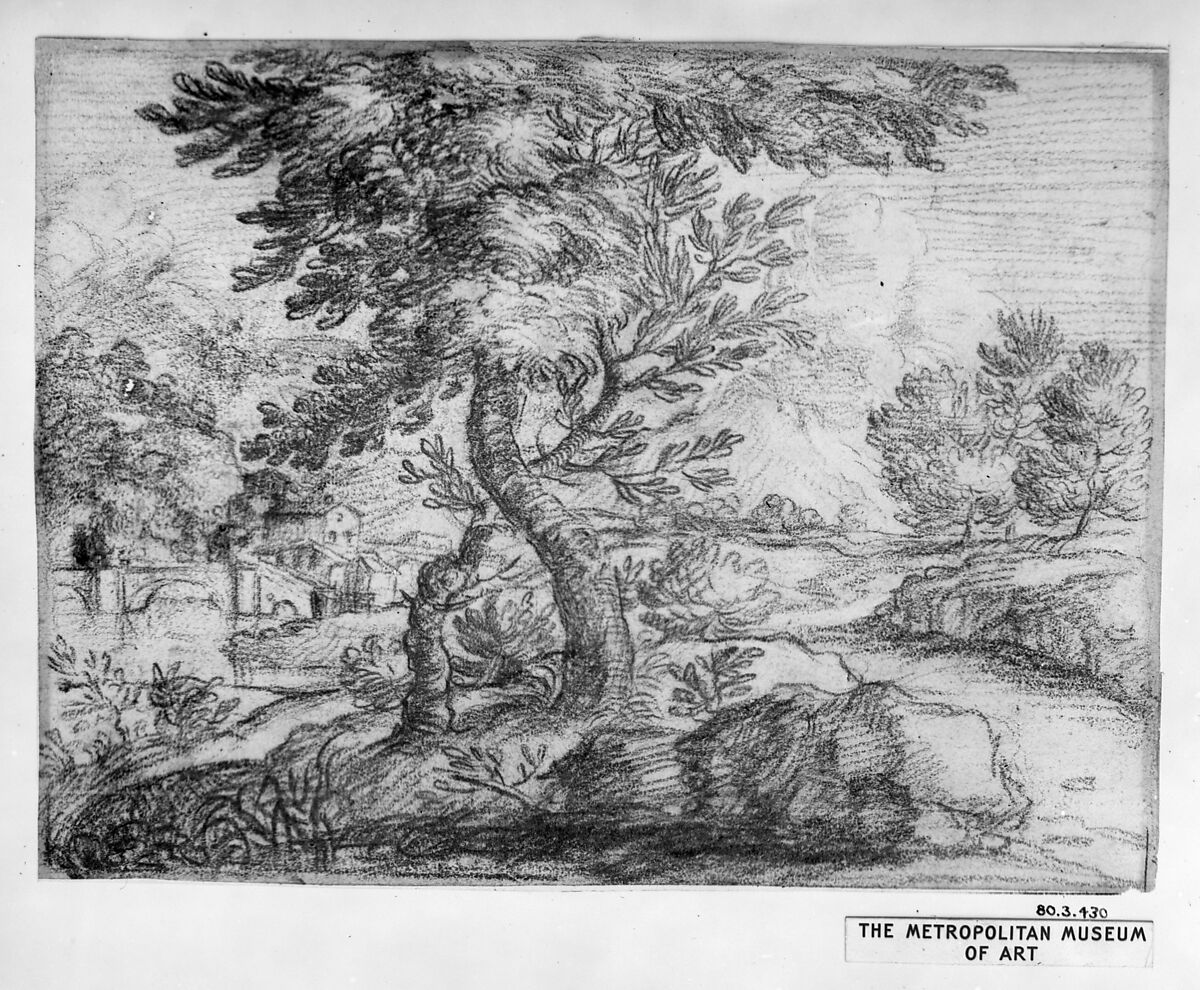 Landscape, Attributed to Aureliano Milani (Italian, Bologna 1675–1749 Bologna), Red chalk on light tan paper.  Framing outline in red chalk. Partial framing outline? in pen and brown ink at lower right edge