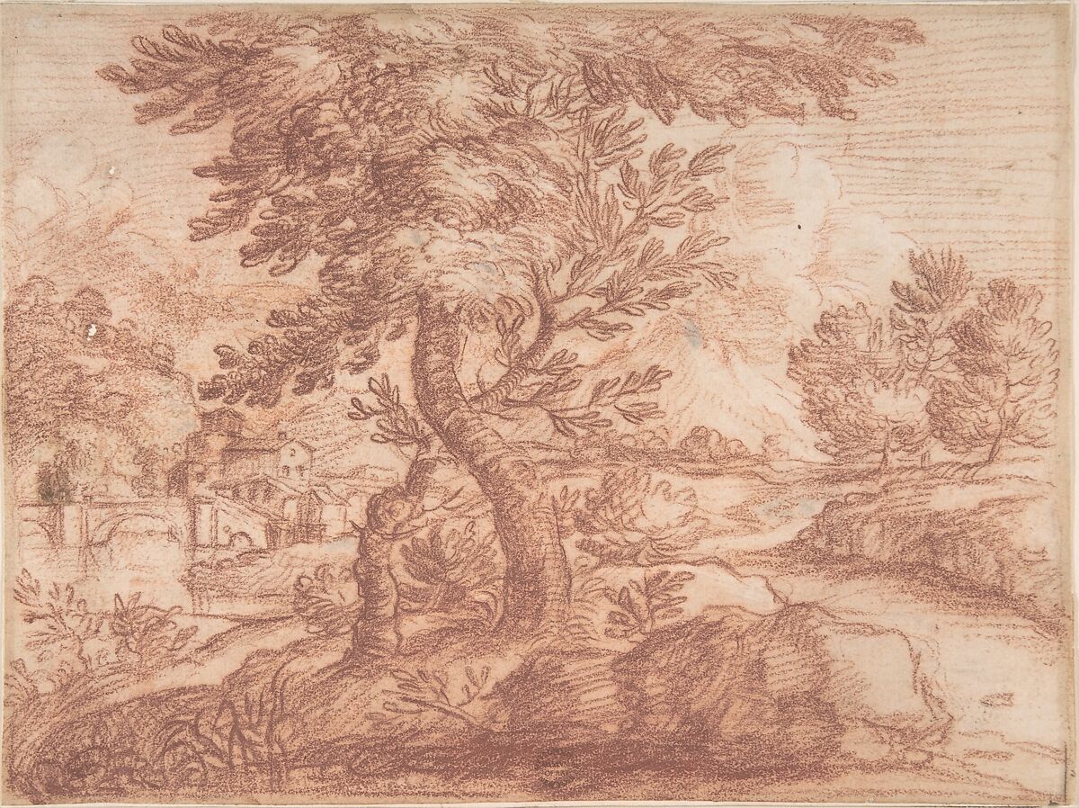 Landscape, Attributed to Aureliano Milani (Italian, Bologna 1675–1749 Bologna), Red chalk on light tan paper.  Framing outline in red chalk. Partial framing outline? in pen and brown ink at lower right edge 