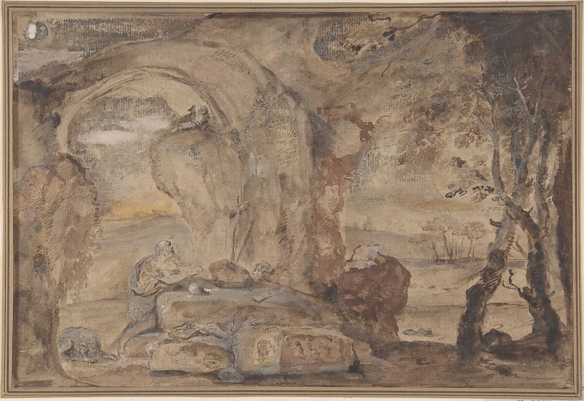 Saint Jerome in the Wilderness, Anonymous, Italian, Roman-Bolognese, 17th century, Brush and brown, yellow, gray and red watercolor, touched with white gouache over traces of charcoal on light brown paper. Framing outline in brush and brown wash 