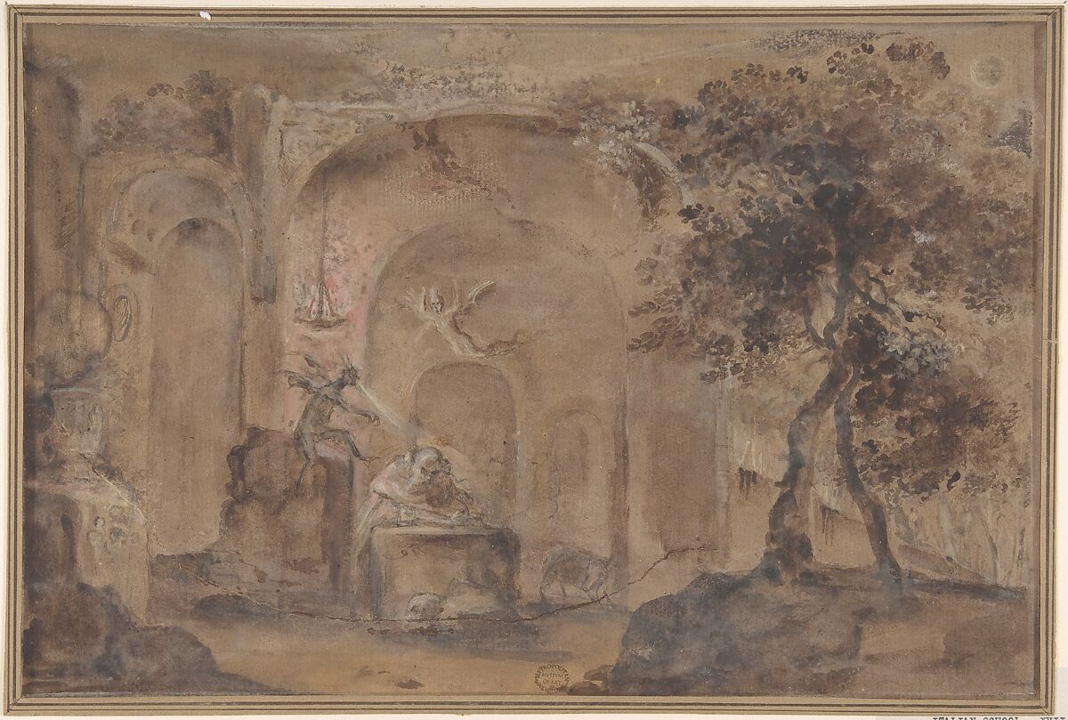 The Temptation of Saint Anthony, Anonymous, Italian, Roman-Bolognese, 17th century, Brush with brown and red watercolor over black chalk, touched with gouache on brown paper 