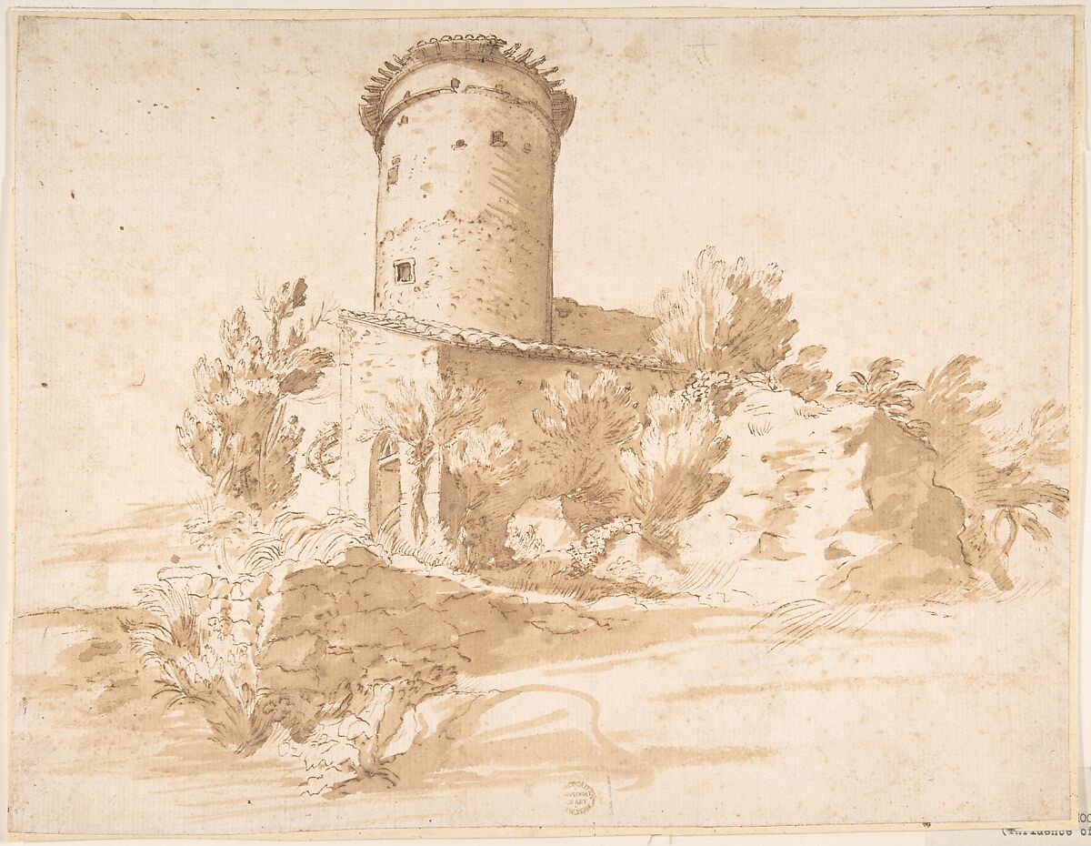 Landscape with Cylindrical Tower, Anonymous, Italian, Roman-Bolognese, 17th century, Pen and brown ink, brush and brown wash, over traces of black chalk on light tan paper 