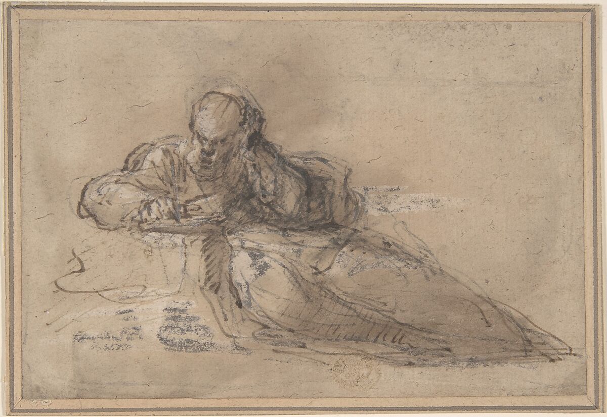 Man Seated on the Ground, Writing, Anonymous, Italian, Roman-Bolognese, 17th century, Pen and brown ink, brush and brown wash, over black chalk, highlighted with white gouache, on light tan paper 