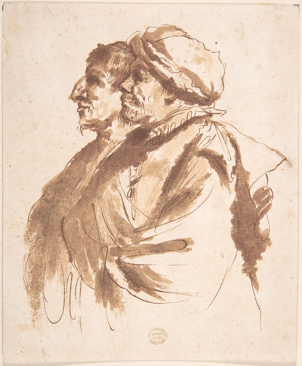 Two Men, Depicted Half-Length, in Profile, After Guercino (Giovanni Francesco Barbieri) (Italian, Cento 1591–1666 Bologna), Pen and brown ink, brush and brown wash, over traces of black chalk, on cream paper 