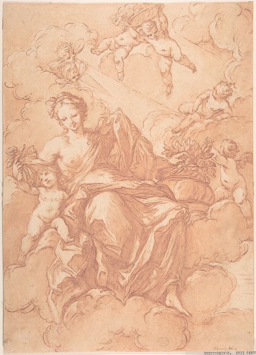 Female Allegorical Figure With Cherubs(?), Anonymous, Italian, Roman-Bolognese, 17th century, Red chalk, brush and red wash on light tan paper 