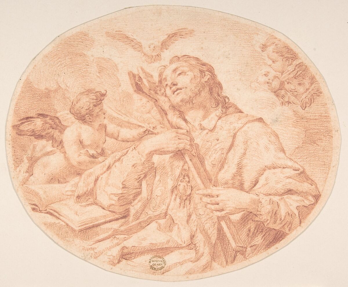 Male Saint in Ecstasy, Anonymous, Italian, Roman-Bolognese, 17th century, Red chalk on cream paper.
Oval format 