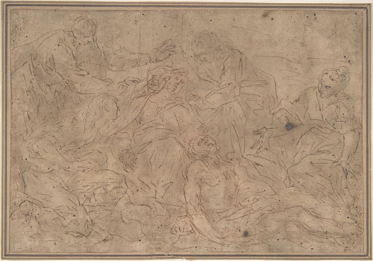 Lamentation over the Dead Christ, Anonymous, Italian, Roman-Bolognese, 17th century, Pen and brown ink, brush and brown wash, over red chalk on light brown paper 