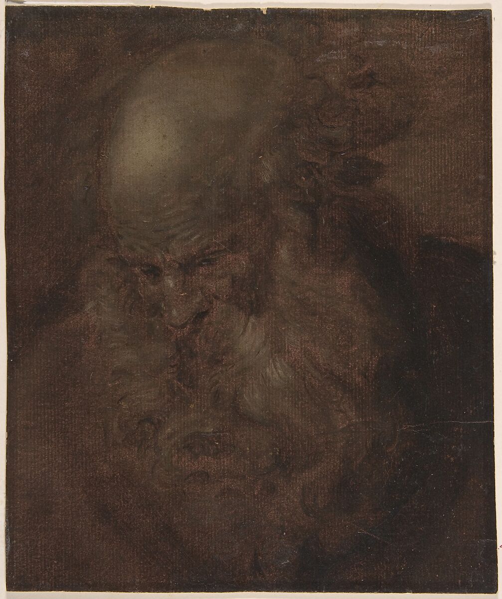 Head of a Bearded Old Man in Three-Quarter View Looking Down, Anonymous, Italian, Roman-Bolognese, 17th century, Oil paint on paper, varnished 