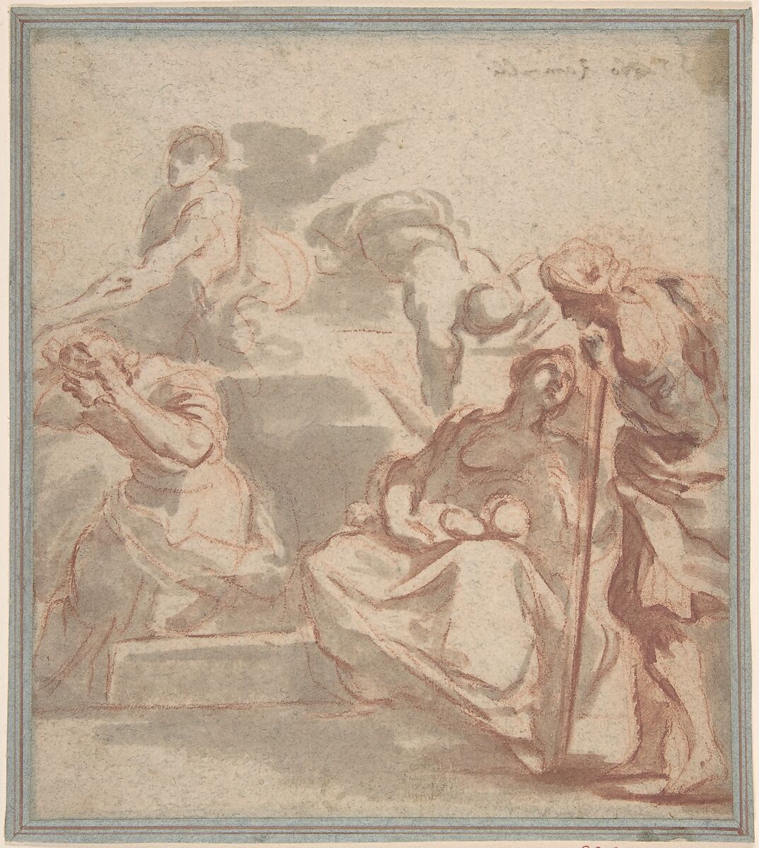 Scene with Woman and Child, and Beggar, Anonymous, Italian, Roman-Bolognese, 17th century, Red chalk, brush and red and gray wash, on blue paper, faded to light brown 