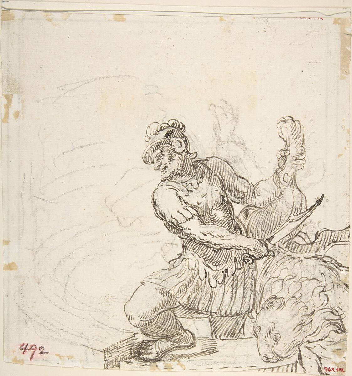 St. Catherine of Siena with The Infant Jesus (recto); Warrior with Dead Lion? (verso), Anonymous, Italian, Roman-Bolognese, 17th century, Pen and brown ink over black chalk on cream paper (recto); double ruled framing lines in pen and brown ink (partially cut off at bottom edges); Pen and brown ink over black chalk (verso)