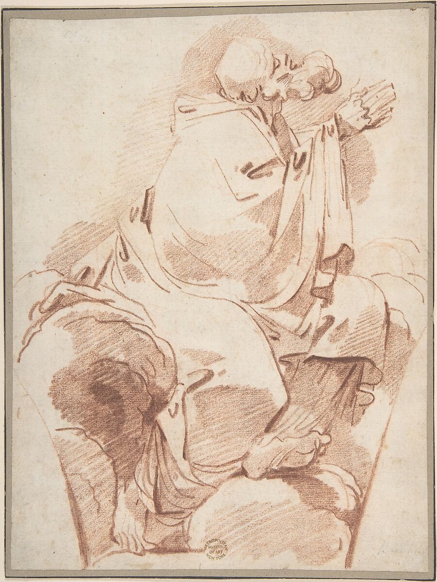 Prophet Seated in Profile on a Cloudbank, Praying: decoration for a spandrel, André Lebrun (French, Paris 1737–1811 Wilna), Red chalk on cream paper 