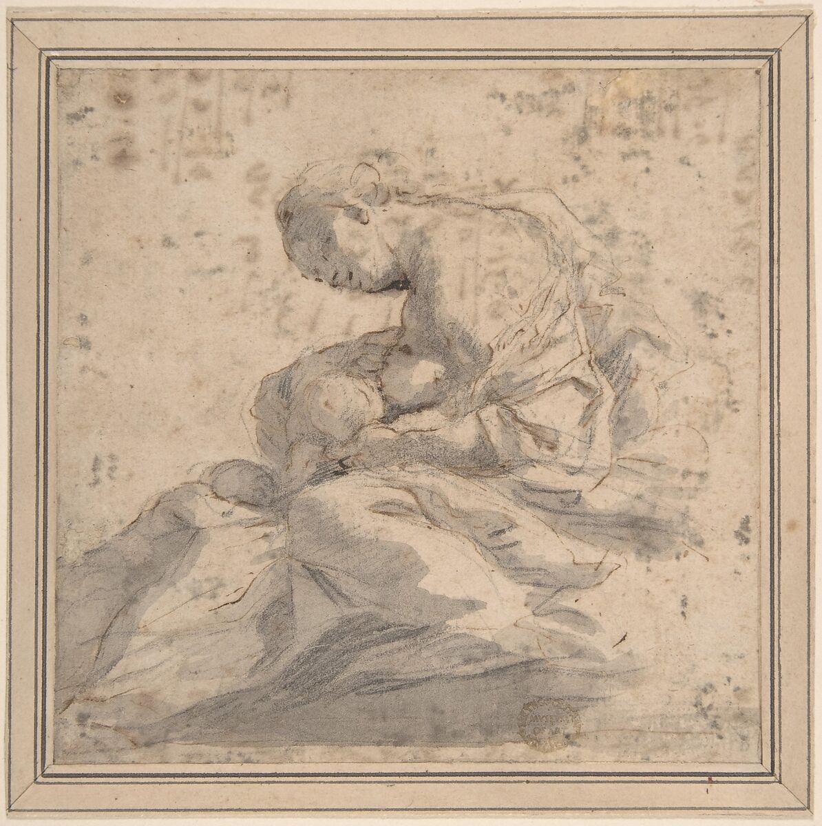 Mother and Children (Charity?), Anonymous, Italian, Roman-Bolognese, 17th century, Pen and brown ink, brush and gray wash, over black chalk on light tan paper 