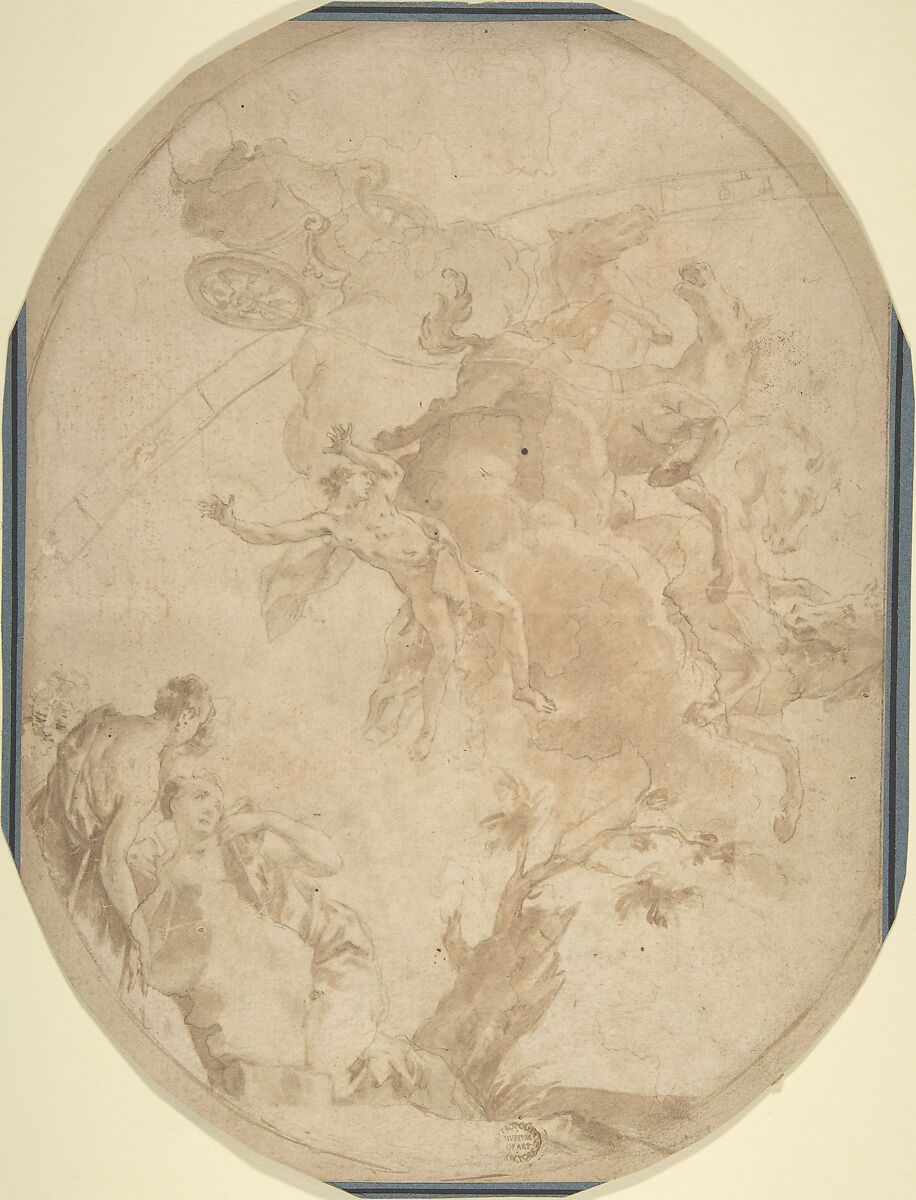 Fall of Phaeton, Anonymous, Italian, Roman-Bolognese, 17th century, Brush and brown wash over black chalk on light tan paper.  Oval format.  Oval framing outline in brown ink 