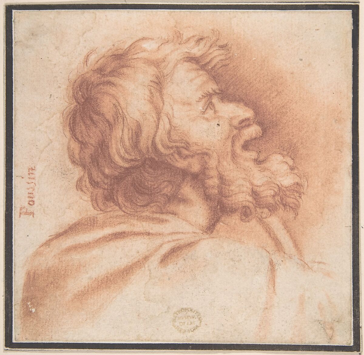Head of Bearded Old Man Shown in Profile, Looking Up, Anonymous, Italian, Roman-Bolognese, 17th century, Red chalk on cream paper. Reworked counterproof? 