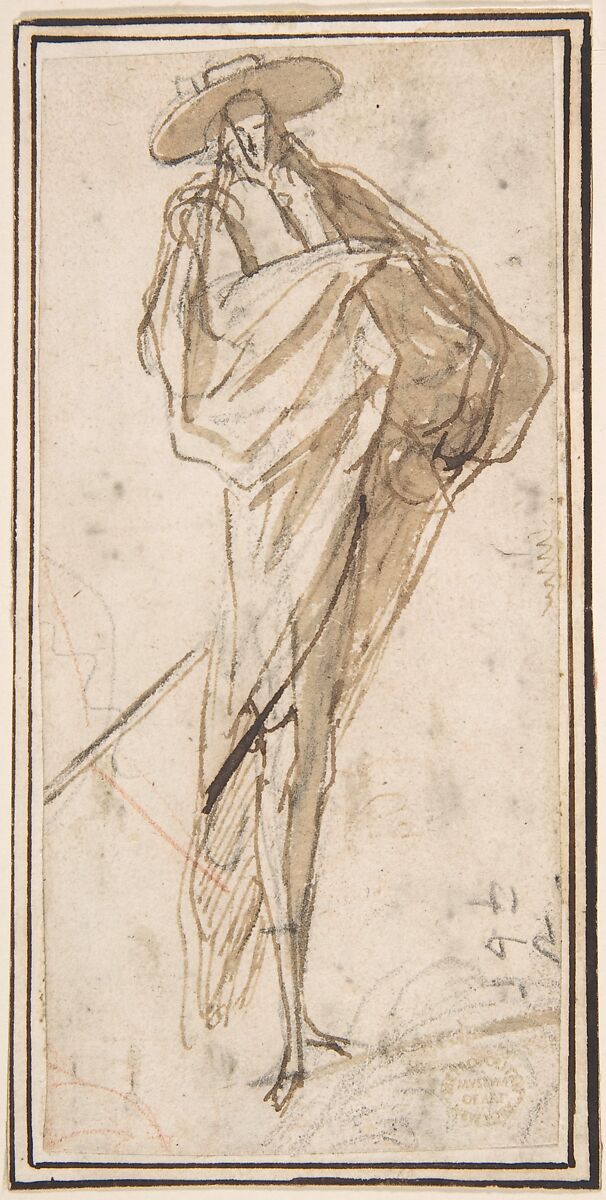 Caricature of a Grandee, Anonymous, Italian, Roman-Bolognese, 17th century, Pen and brown ink, brush and brown wash over black chalk on light tan paper 