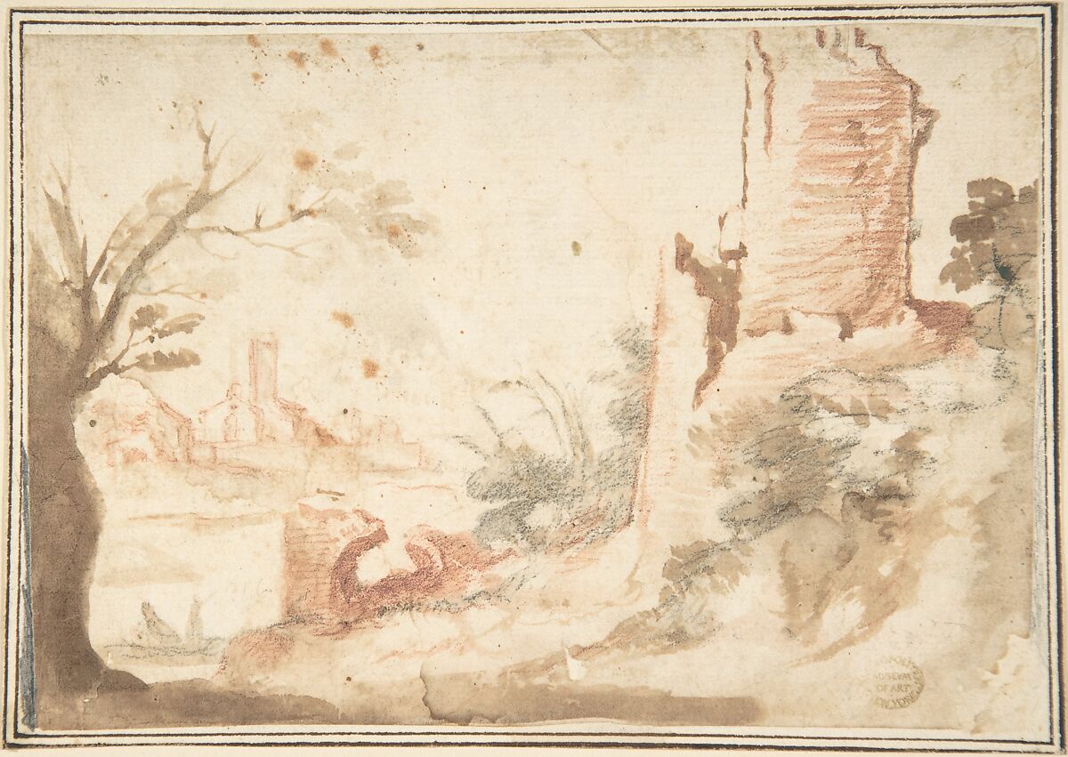 Landscape with Ruined Tower, Anonymous, Italian, Roman-Bolognese, 17th century, Red and black chalk, reworked with brush and brown and red wash on cream paper 