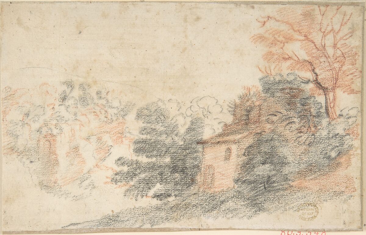 Landscape with House and Trees, Anonymous, Italian, Roman-Bolognese, 17th century, Red and black chalk on cream paper 