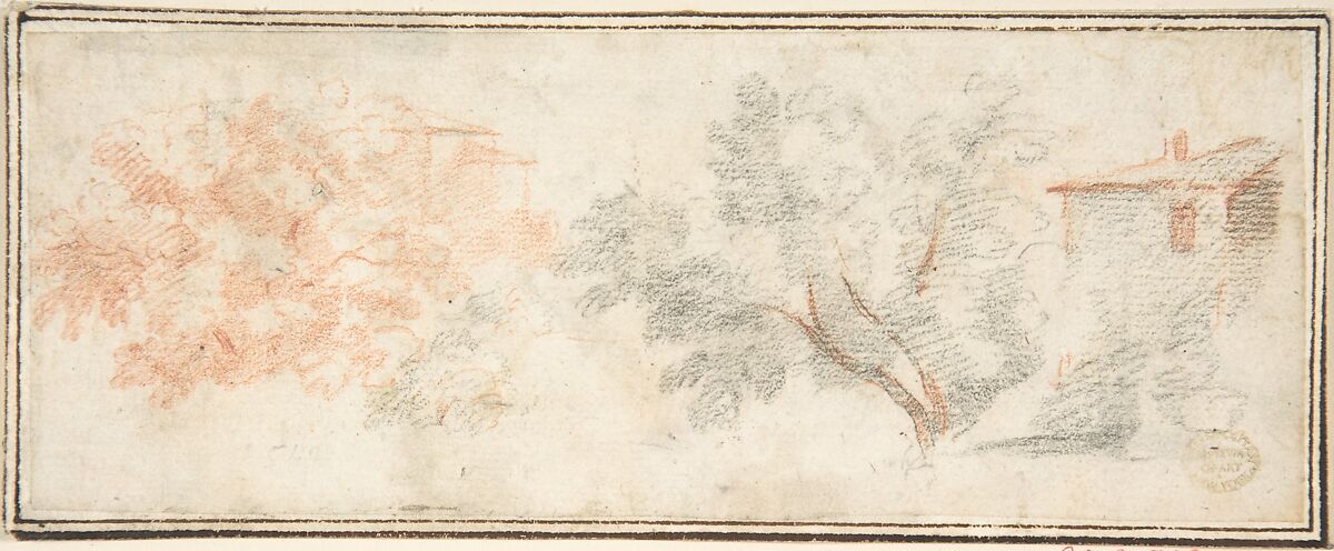 Trees and Houses, Anonymous, Italian, Roman-Bolognese, 17th century, Black and red chalk on cream paper 