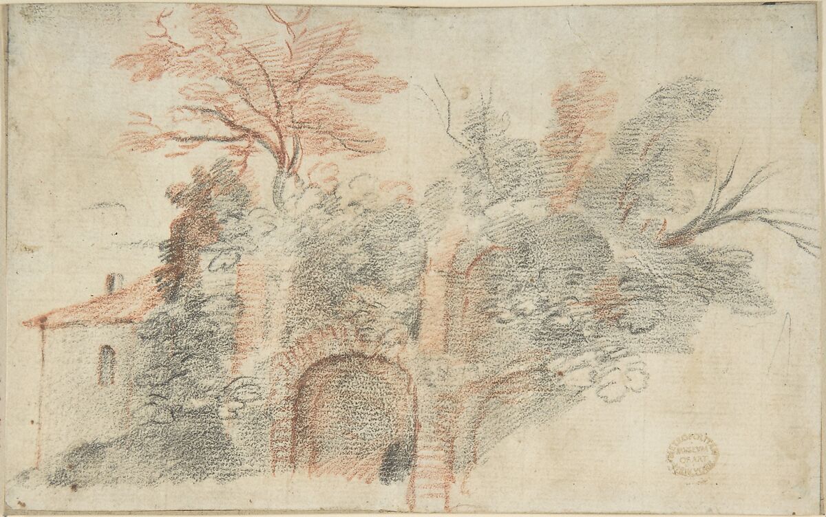 Ruins and Trees, Anonymous, Italian, Roman-Bolognese, 17th century, Red and black chalk on cream paper 