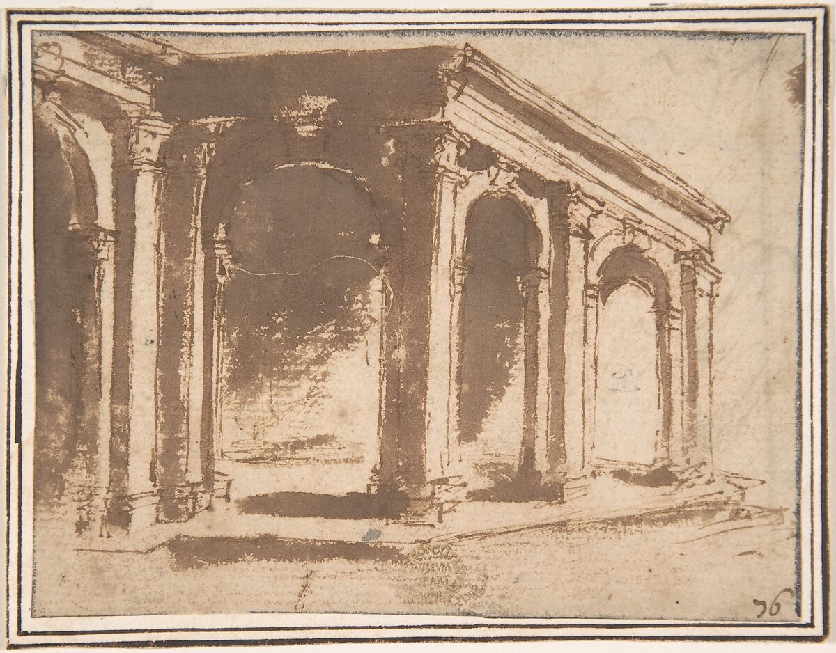 Loggia, Anonymous, Italian, Roman-Bolognese, 17th century, Pen and brown ink, brush and brown wash over red chalk on light tan paper. Fragmentary framing outlines in black chalk 