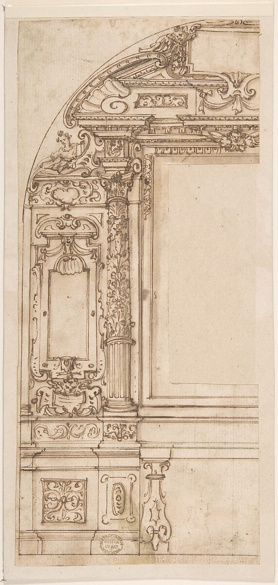 Design for an Altar, Anonymous, Italian, Roman-Bolognese, 17th century, Pen and brown ink, brush and brown wash over faint traces of black chalk on light tan paper. Framing outline (arched at top) in brown ink 