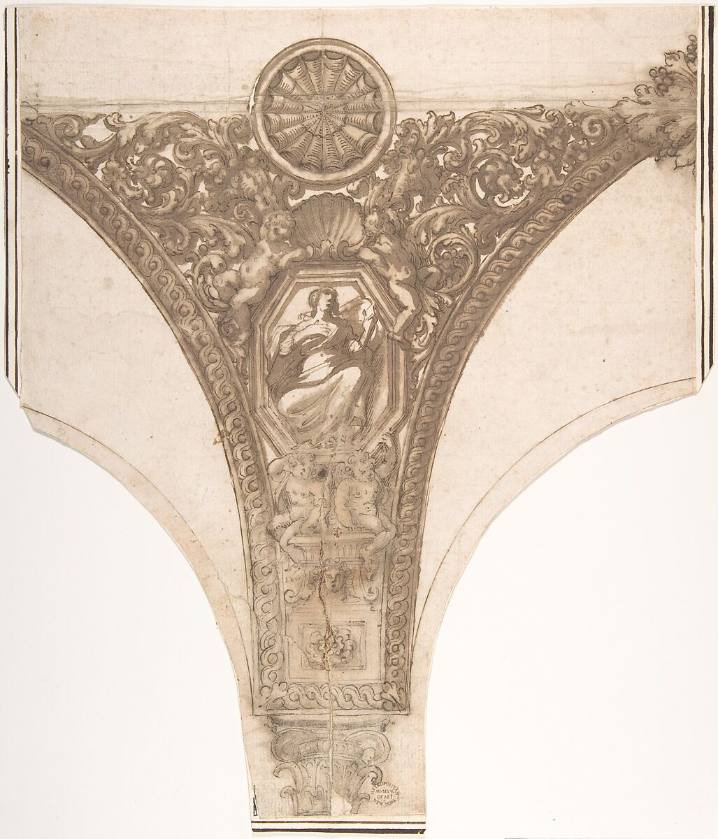Design for an Ornamental Spandrel, Anonymous, Italian, Roman-Bolognese, 17th century, Pen and brown ink, brush and brown wash over black chalk on light tan paper 