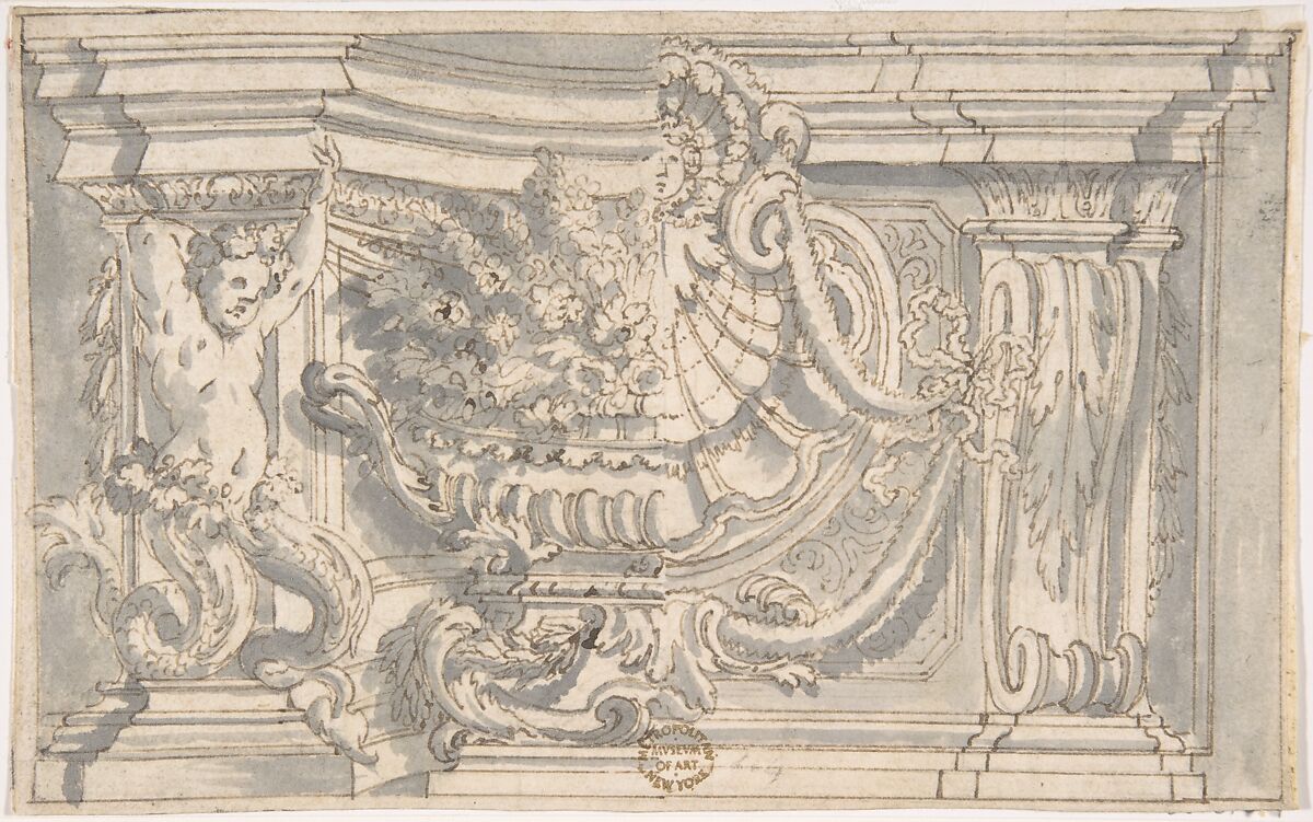 Drawing Showing Two Alternate Designs for an Ornamental Niche or Panel, Anonymous, Italian, Roman-Bolognese, 17th century, Pen and brown ink, brush and gray wash over traces of black chalk on light tan paper 
