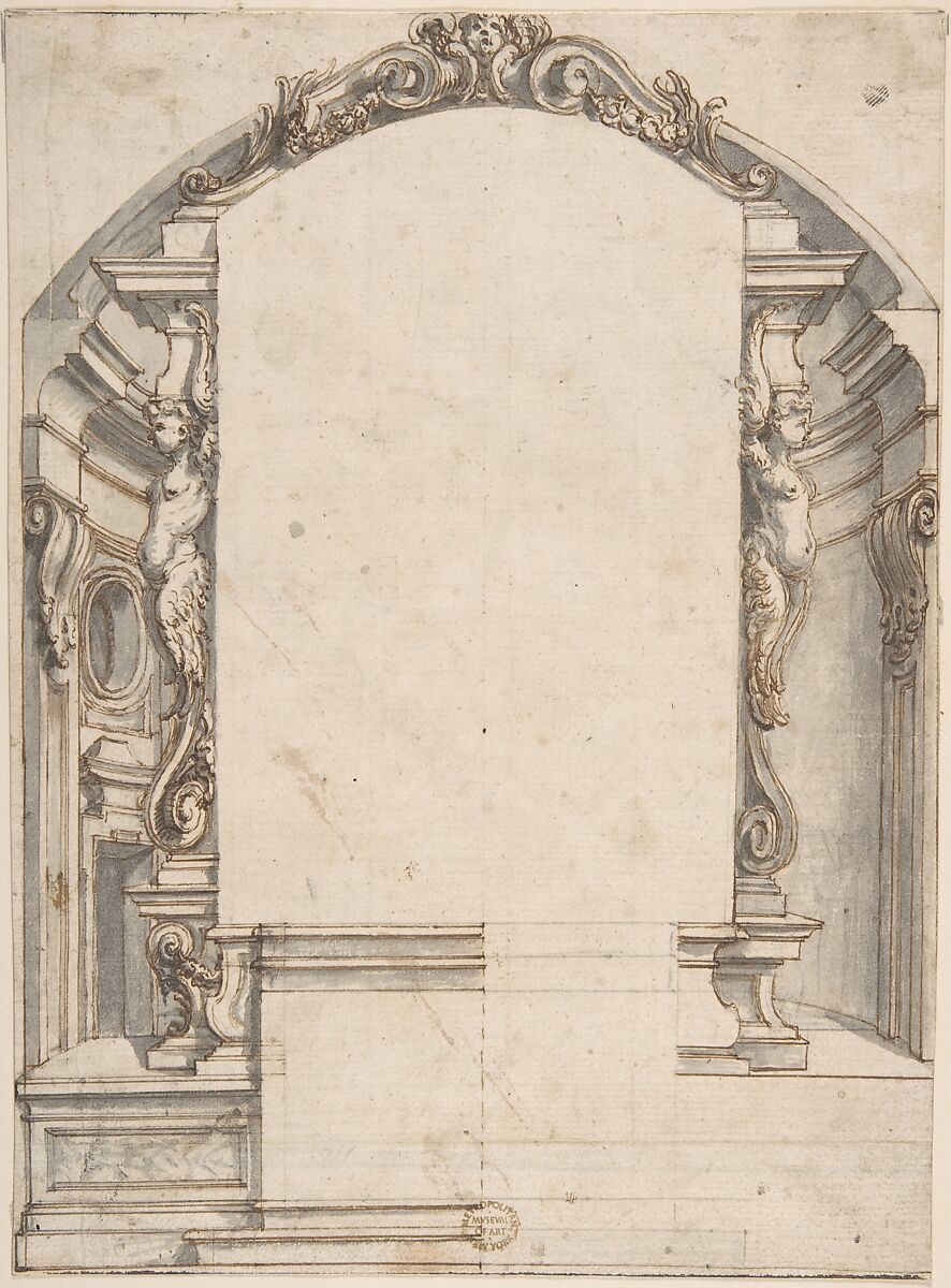 Design for an Altar, Anonymous, Italian, Roman-Bolognese, 17th century, Pen and brown ink, brush and gray wash over leadpoint (?) on cream paper 