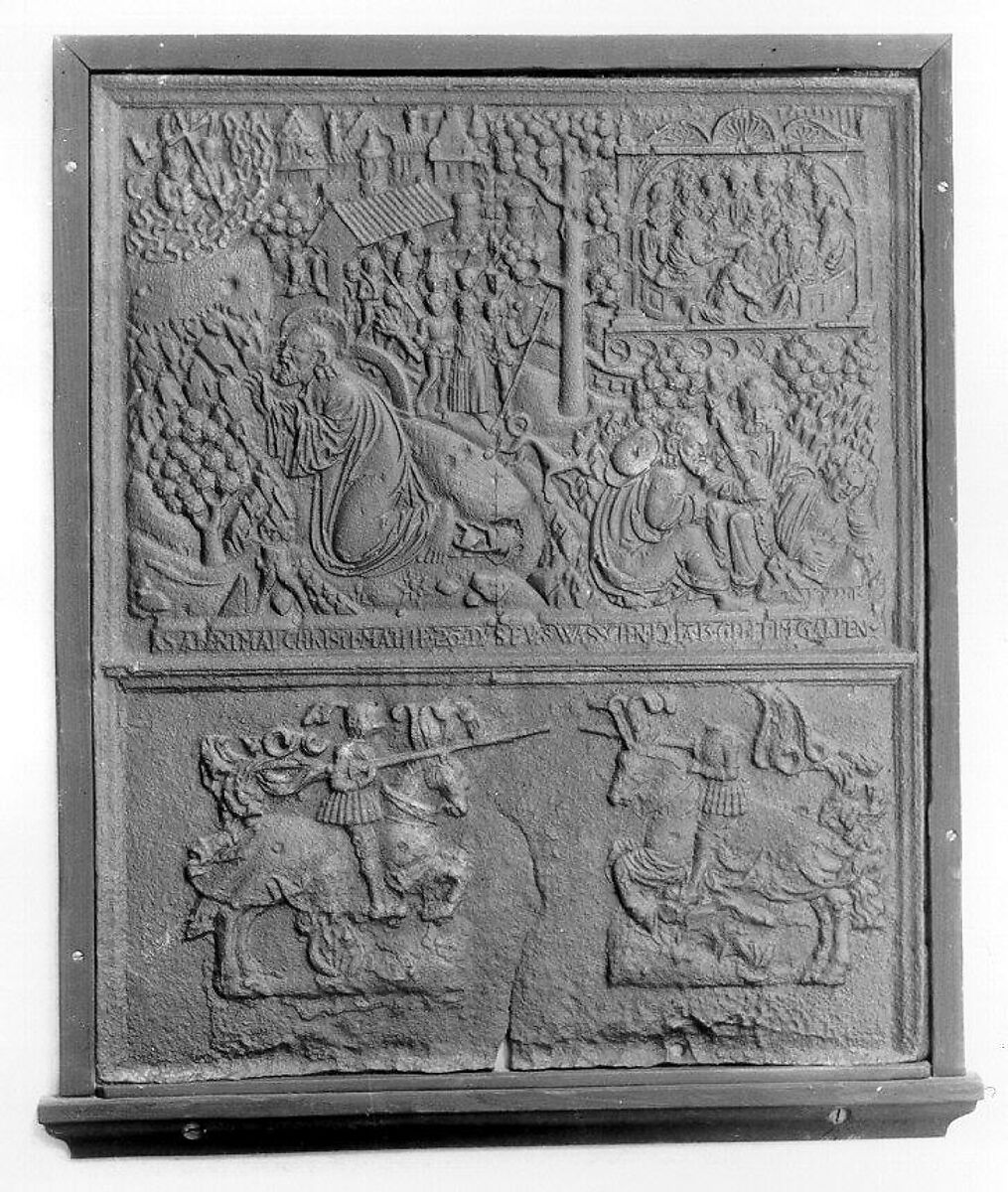 Fireback with New Testament Scenes and Two Knights Jousting, Iron, German 