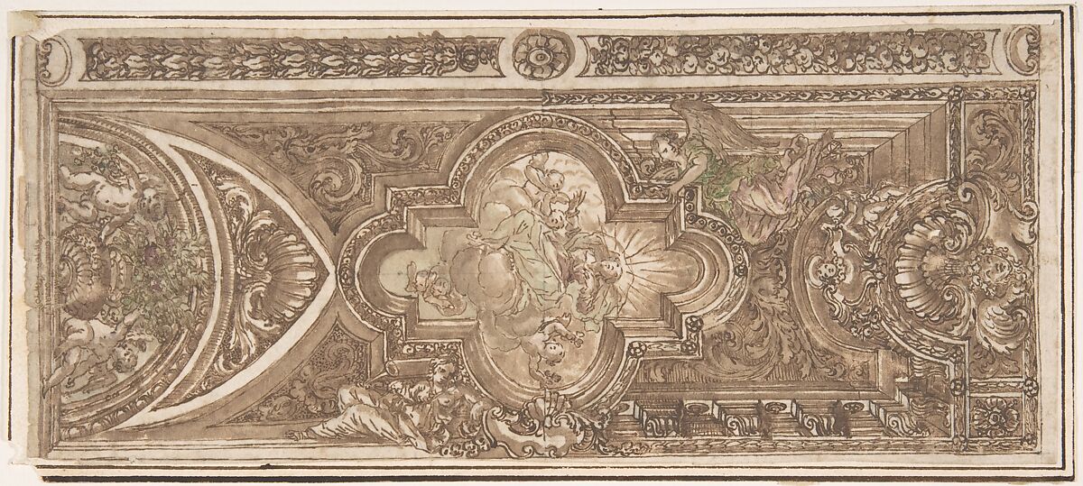 Design for a Ceiling, Anonymous, Italian, Roman-Bolognese, 17th century, Pen and brown ink, brush with brown, green and pink wash, over black chalk on light tan paper 