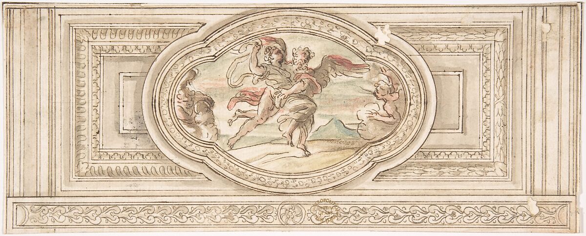 Design for a Panel with a Depiction of Boreas Abducting Oreithyia, Anonymous, Italian, Roman-Bolognese, 17th century, Pen and brown ink, brush with brown, red, blue and yellow wash, over black chalk on cream paper 