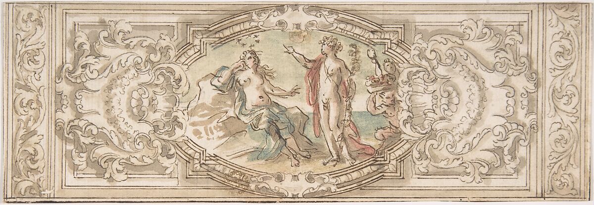 Design for a Panel with a Depiction of Bacchus and Ariadne, Anonymous, Italian, Roman-Bolognese, 17th century, Pen and brown ink, brush with brown, red, blue and yellow wash, over black chalk on cream paper 