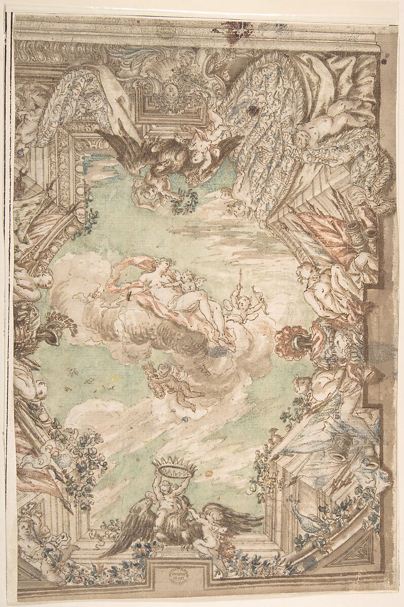 Design for a Ceiling, Anonymous, Italian, Roman-Bolognese, 17th century, Pen and brown ink, brush and brown, green, blue and peach wash, over black chalk on cream paper 