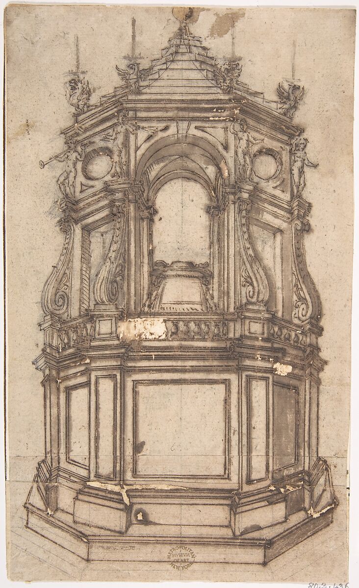 Catafalque for a Cardinal, Anonymous, Italian, Roman-Bolognese, 17th century, Pen and brown ink, brush and brown wash, over black chalk on light tan paper 