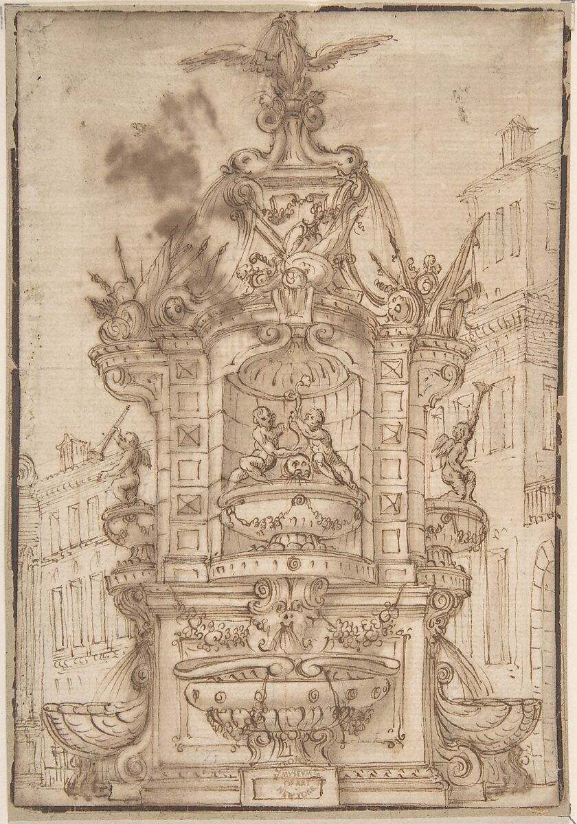 Fountain, Anonymous, Italian, Roman-Bolognese, 17th century, Pen and brown ink over traces of red and black chalk on light tan paper 